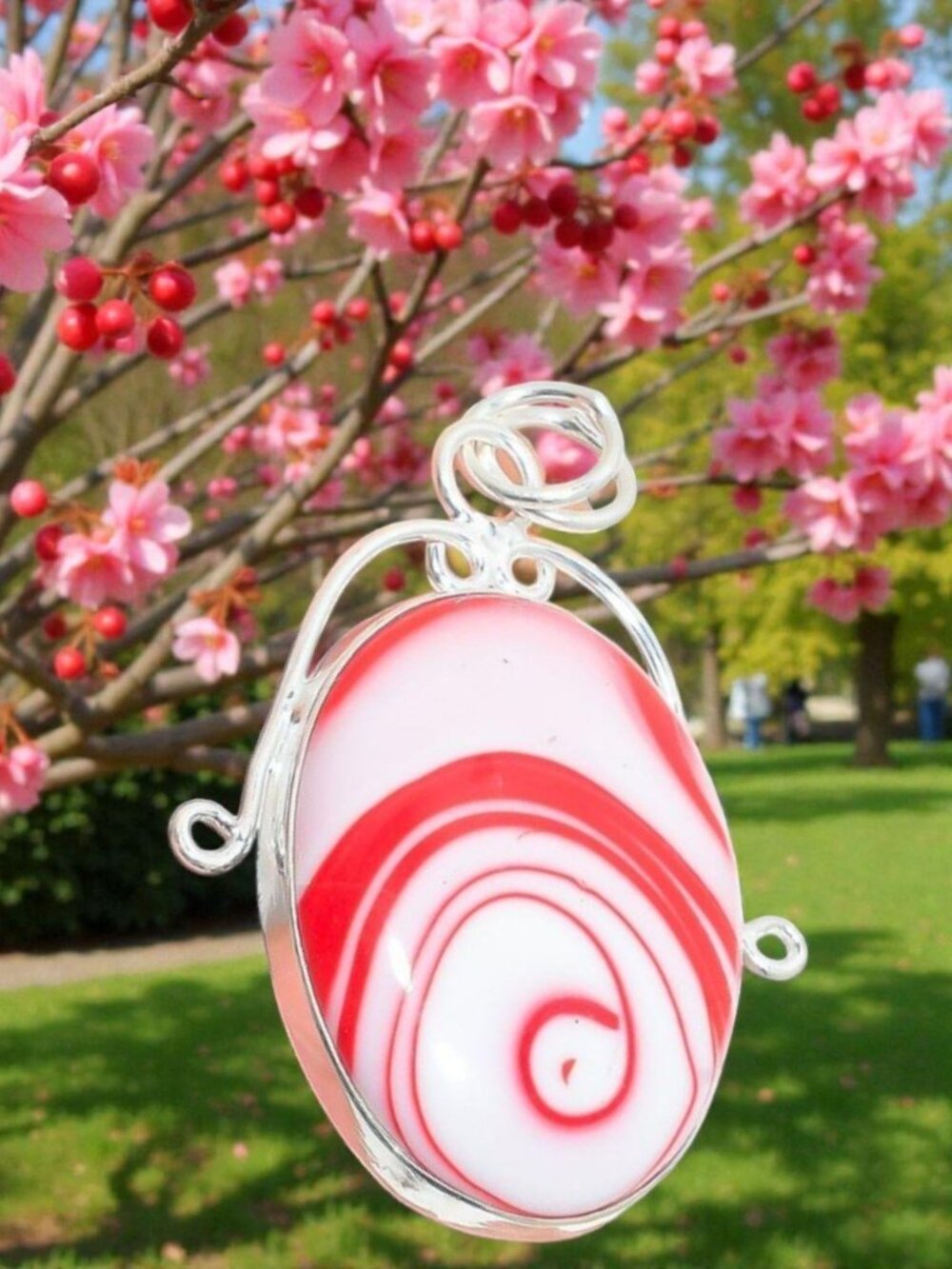 Silver Plated Red and White Banded Agate Gemstone Handmade Pendant 2.09"